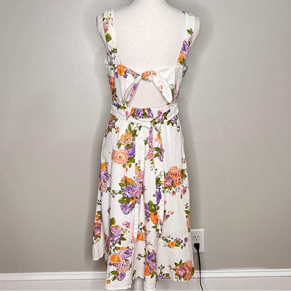 FRNCH Ammi Rose Print Midi Dress Fit & Flare Linen Belted Romantic Women Size M - Picture 4 of 12